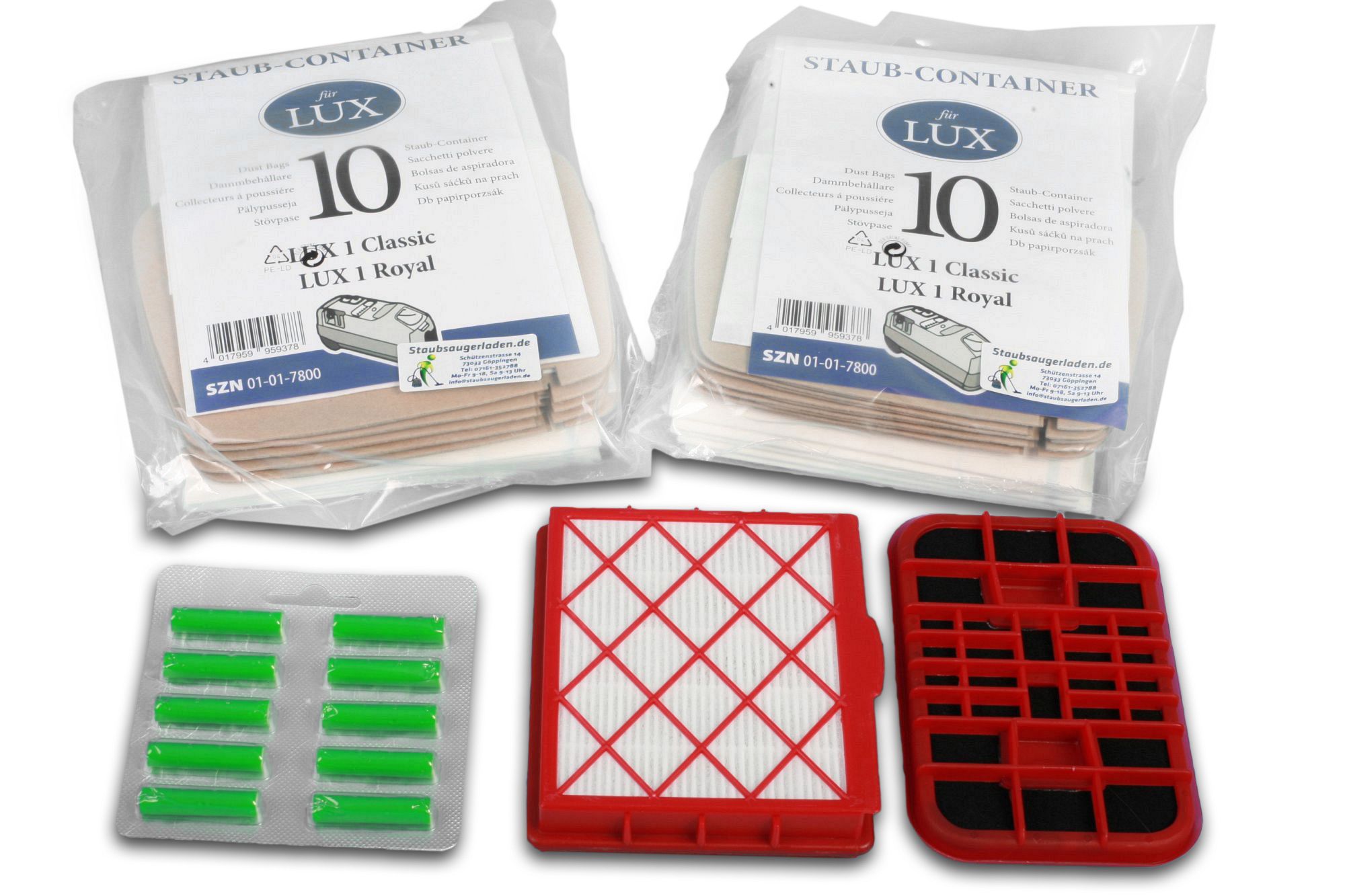 Sparset passend für LUX 1: 20 Staubsaugerbeutel, 1 Aktivfiltersystem, 1 Aktivkohlefilter