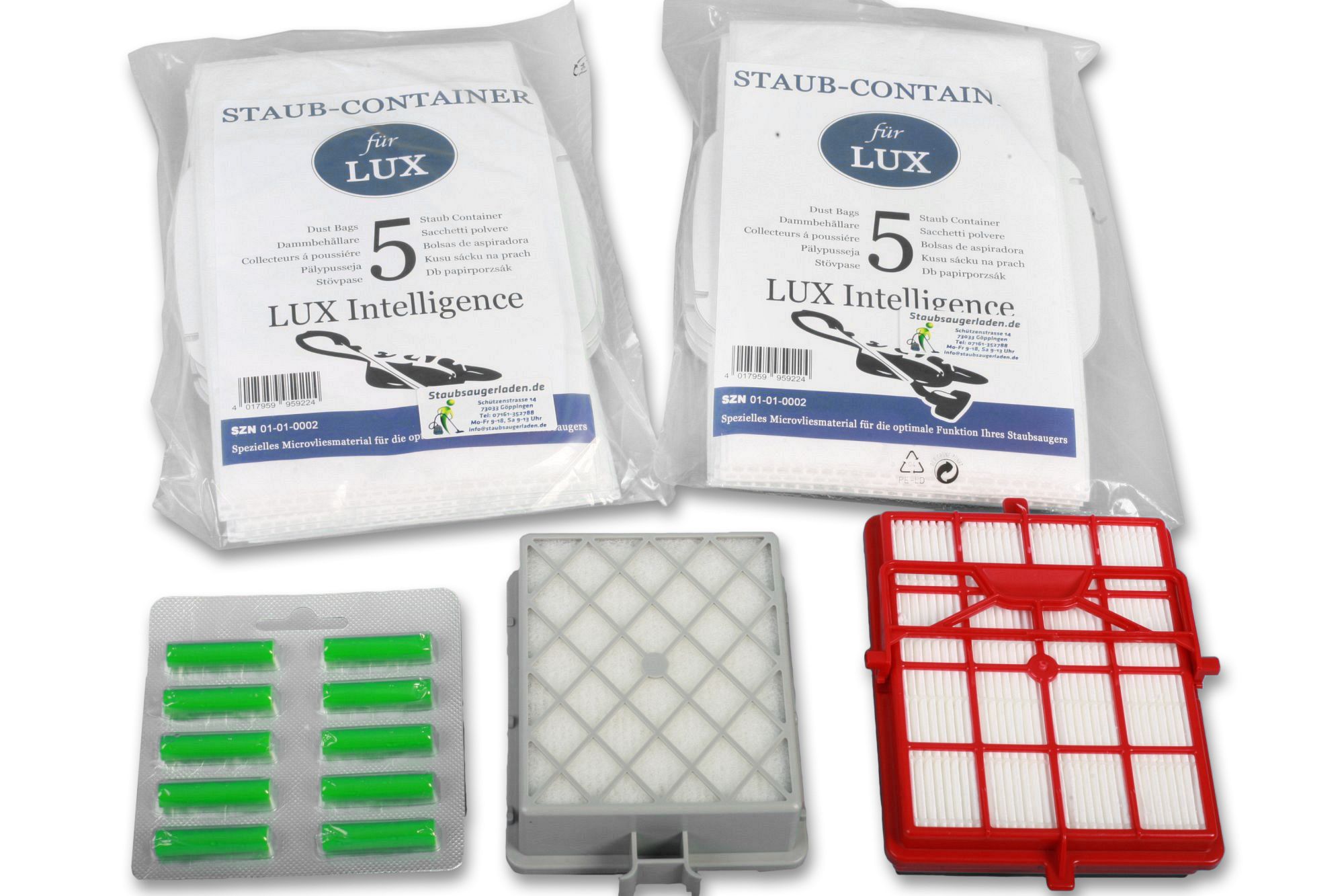 Sparset für LUX Intelligence: Staubsaugerbeutel, Aktivfiltersystem, Aktivkohlefilter